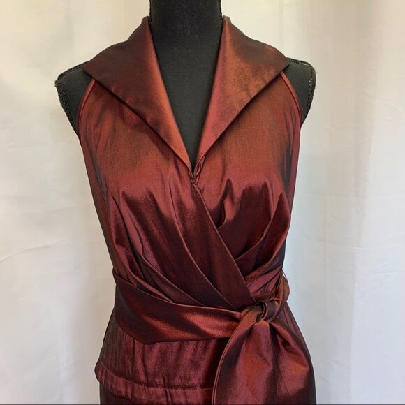 Tadashi Red metallic halter wrap ruffle dress Sz XS - Picture 3 of 13